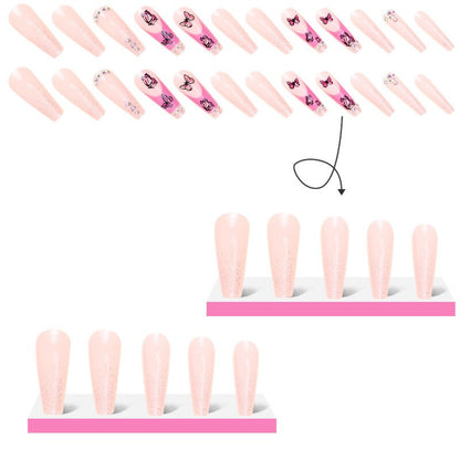 3D fake nails accessories long french coffin tips with red butterfly diamond glitter designs faux ongles press on false nail set