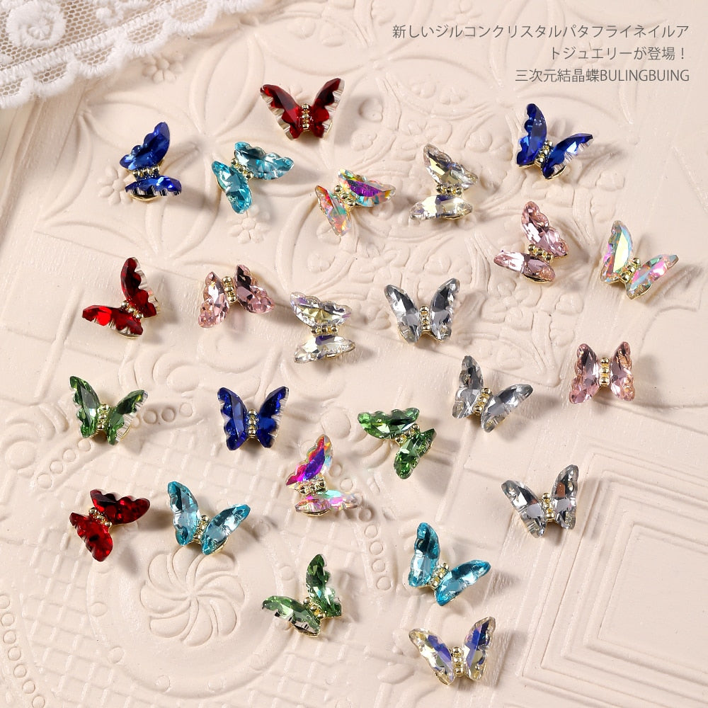 10st Glass Crystal Rhinestones Butterfly Nail Jewelry Holographic 3D Butterfly Nail Charms Diy Nail Art Accessories Decoration