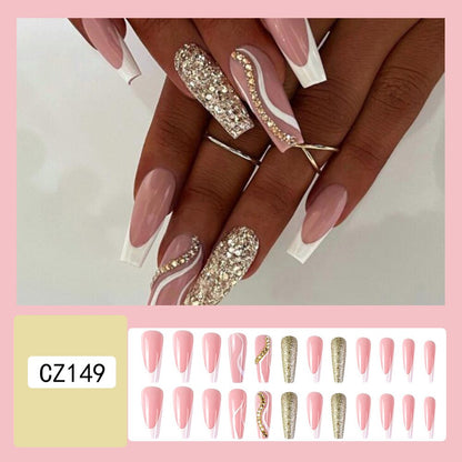 3D nude pink strobe fake nails accessories long french coffin tips with glitter diamond faux ongles press on false nail supplies