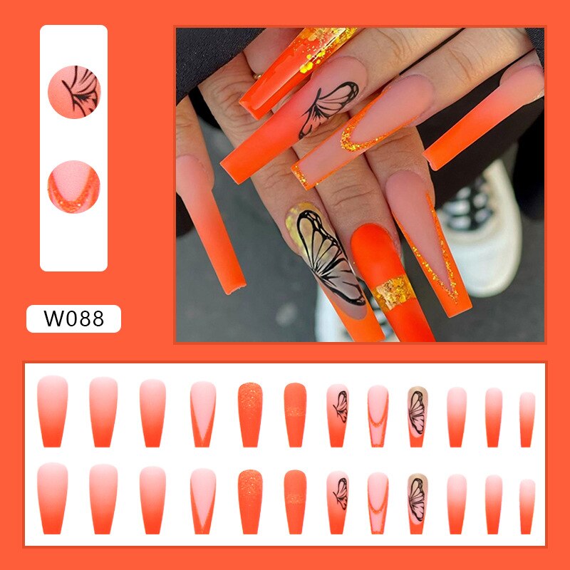 3D ballet fake nails set graident orange french coffin tips with black butterfly gold glitters faux ongles press on false nail