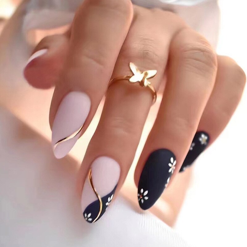 24pcs Long Stiletto False Nails wave Peals decorated Wearable French Fake Nails Press On Nails Leopard print Almond Manicure Tip