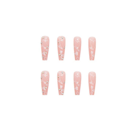 3D strobe fake nails set diamond glitter heart nude pink french long coffin tips faux ongles press on false nail supplies kit