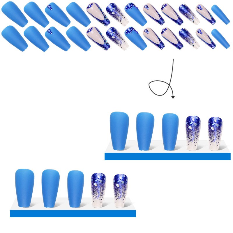 3D fake nails set with diamond glitters blue flakes designs middle size french tips faux ongles press on acrylic false nail art