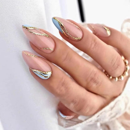 24Pcs Pink Almond False Nails Shiny Golden Ripples Stiletto Fake Nails Detachable Oval Full Cover Press on Nails Tips Manicure