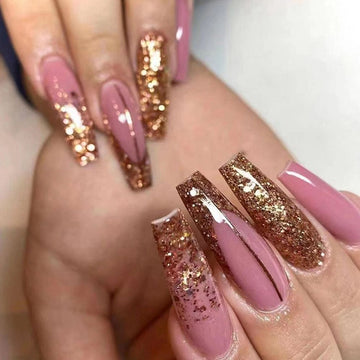 24st Long Coffin False Nails Gold Glitter Sequins Designs Press On Full Cover Fake Nails Tips Wearable Manicure Art Accessories