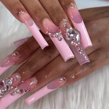 24 st rosa franska falska naglar franska med strass akryl falska nagel spetsar avtagbar kista tryck på naglar full täckmanikyr