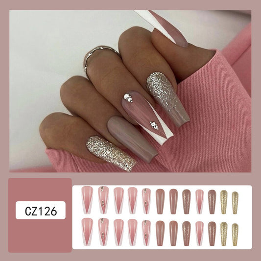 3D Strobe Fake Nails Accessories Gold Glitters Pink French Coffin Tips med Diamond Faux Ongles Press On Acrylic False Nails Set
