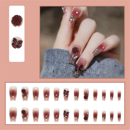 Trendy Crystal 3D Butterfly False Nail Tips Elegant Camellia Ballerina Manicure French Coffin Fake Nails Set Press on Nails