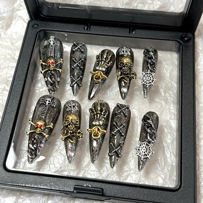 Skull Design Punk Rock Black False Nails Press On Nails Handmade Halloween Long Coffin Reusable Fake Nail With Glue DIY Manicure