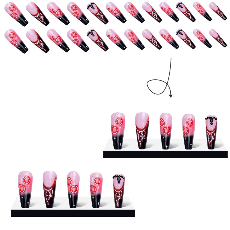 3D fake nails accessories falme cherry heart with diamond design long french coffin tips faux ongles press on false nails supply