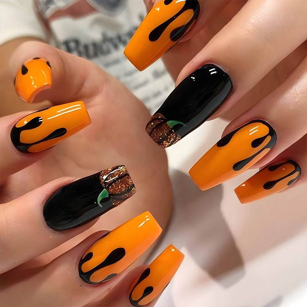 New Halloween Fake Nails Patch Black Almond/Coffin Head Artificial Nail Tips Pumpkin Spider Ghost Printed Press on Nail for Girl