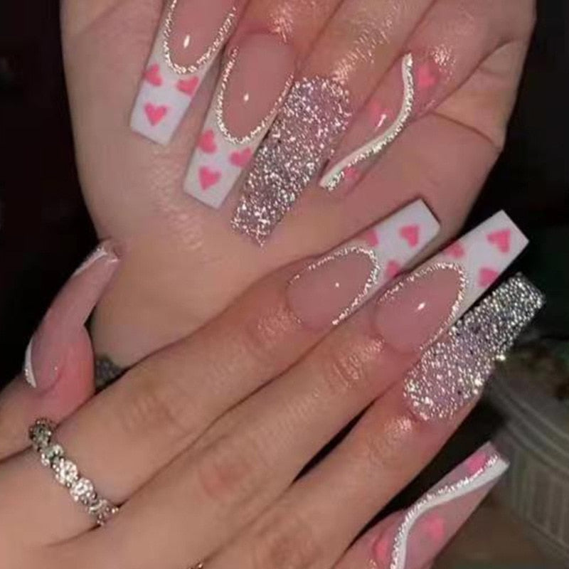 3D Strobe Fake Nails Heart Pink With Flash Glitter Diamond Design