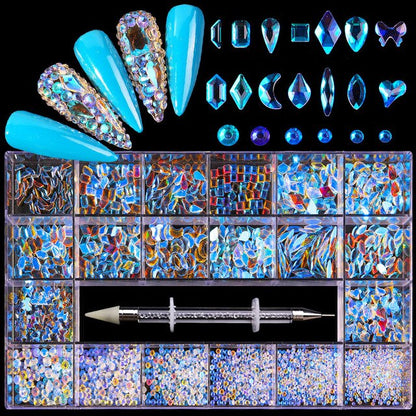 2500pcs Nail Art Rhinestones Kit  Boxed 21 Grids Mixed Size Set 1pc Pick Up Pen Glass Crystal Decorations 3D AB Flat Gemstones