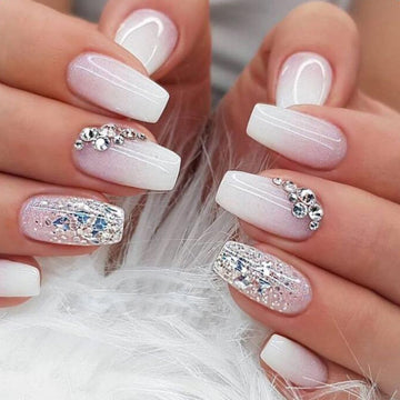 Trendy gradiënt roze valse nagel tips met ontwerpen Franse kist nep nagels set druk op korte ballerina steentjes manicure