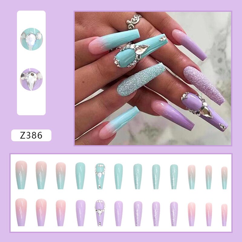 3D fake nails green purple Double Color long french coffin tips with diamond glitters faux ongles press on false nail supplies