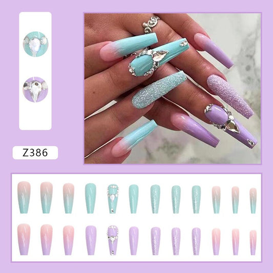 3D Fake Nails Green Purple Double Color Long French Coffin Tips med Diamond Glitter Faux Ongles Tryck på False Nail Supplies