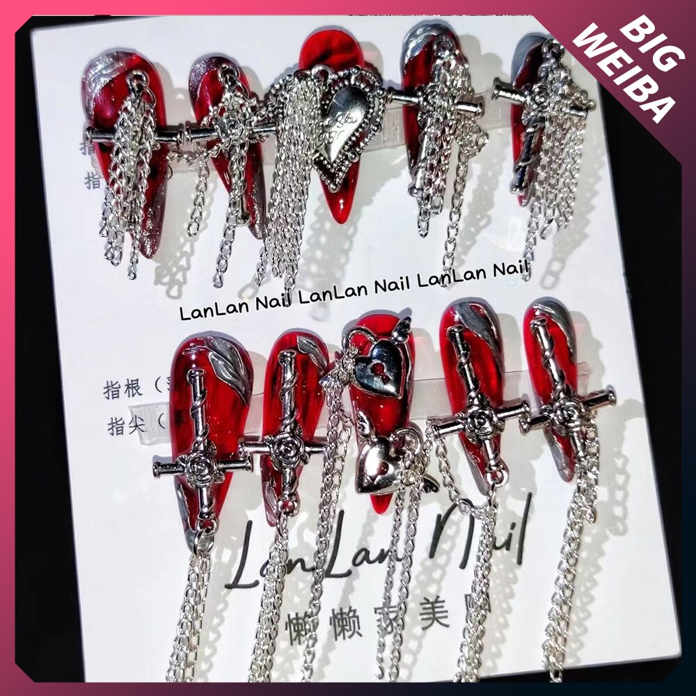 Fashion Cool Personality Cosplay Party Nails Long Coffin 3D High-End Chain Nail Tips Girls Gift Accessories