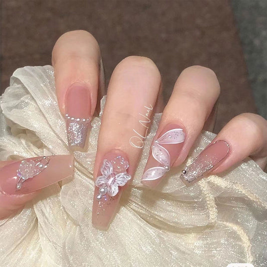 French Style False Nails Glitter Bow Design Fake Nail Patch False Nail Patch Mid Length Coffin Ballerina Akryl Artificial Nails