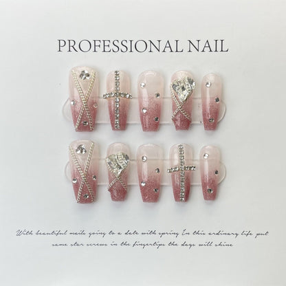 291-300 Number Pink Camellia Handmade Fake Nails Professional Wearable French Advanced Ballet Press On Nails With Rhinestones