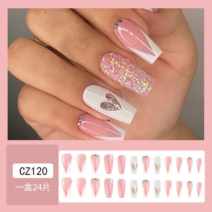 3D cool sweet pink strobe fake nails glitter heart designs french coffin tips with diamond faux ongles press on false nail set