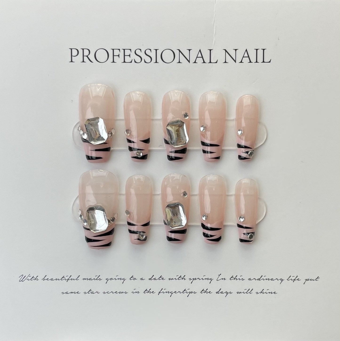 361-375 Number Silver Powder Camellia Handmade Fake Nails Professional Wearable Advanced Ballet Press On Nails With Rhinestones
