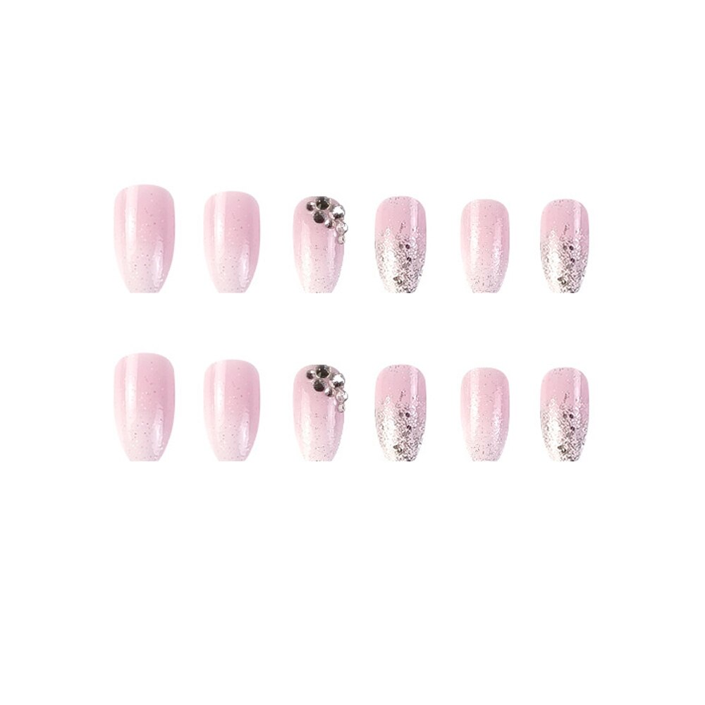 Trendy Gradient Pink False Nail Tips With Designs French Coffin Fake Nails Set Press on Short Ballerina Rhinestones Manicure