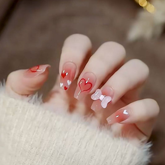 24 -stcs glitter roze nep nagels druk op de Franse set amandel schattige nail art Koreaanse nep nagels acryl volledige hoes tips met lijm