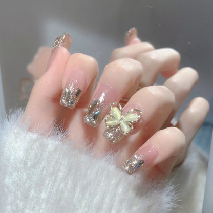 French Style False Nails Glitte Bow Design Fake Nail Patch False Nail Patch Mid Length Coffin Ballerina Acrylic Artificial Nails